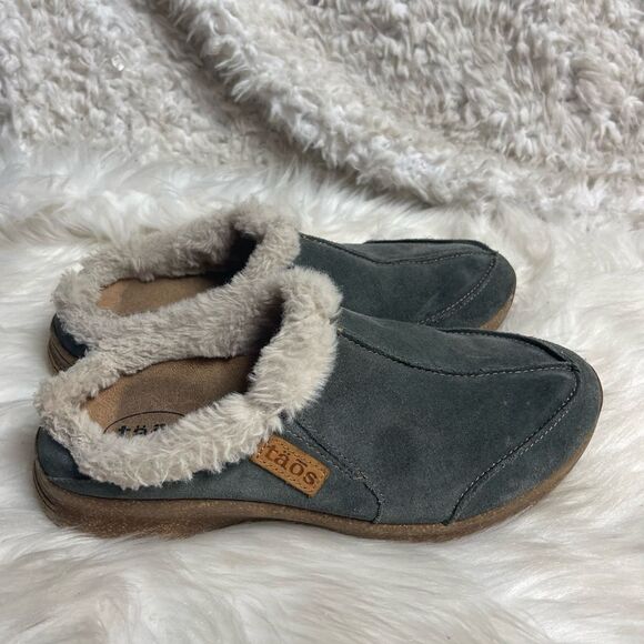 Taos Future leather Suede gray open back clogs with faux fur lining size 8 - Picture 2 of 7